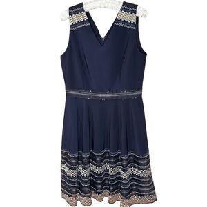 Tahari Arthur S Levine Navy V-Neck A-Line Sleeveless Dress Sz 8 Sequin Embroider